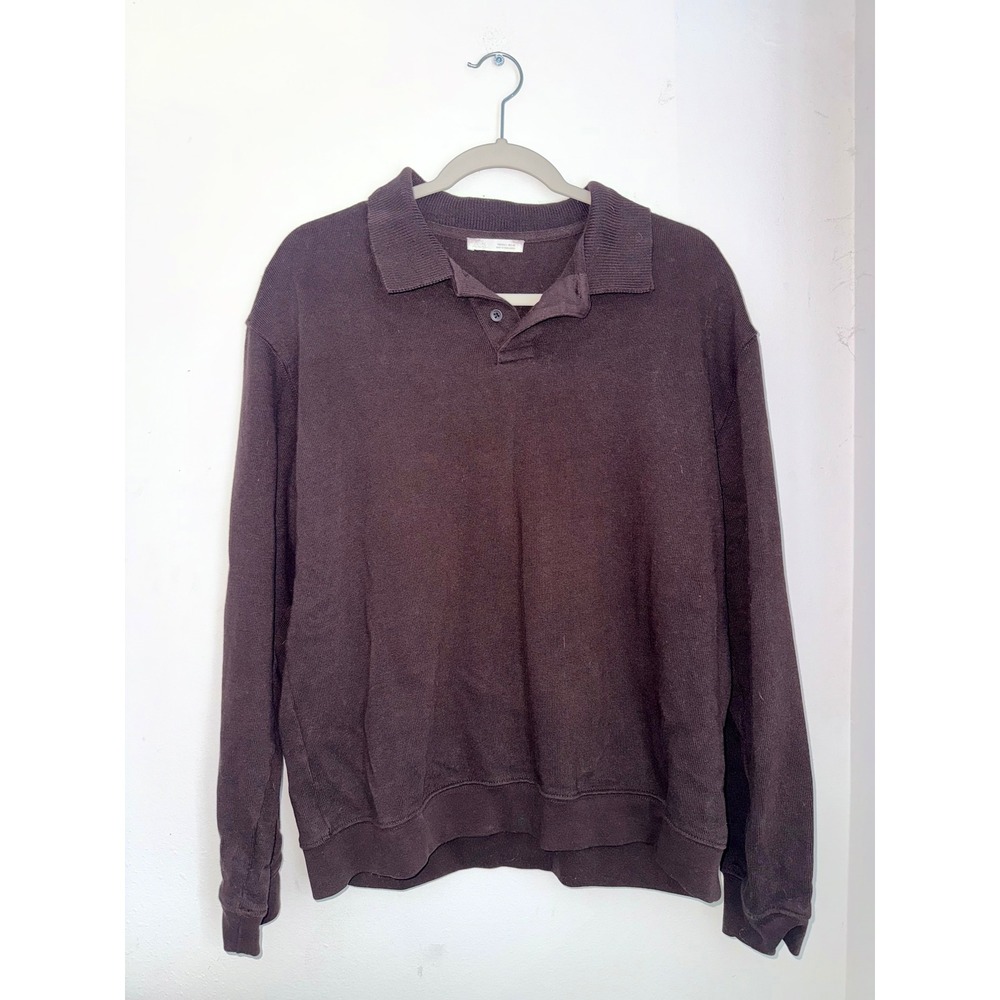 Zara Mens Chocolate Brown Long Sleeve Polo Sweatshirt Size Large